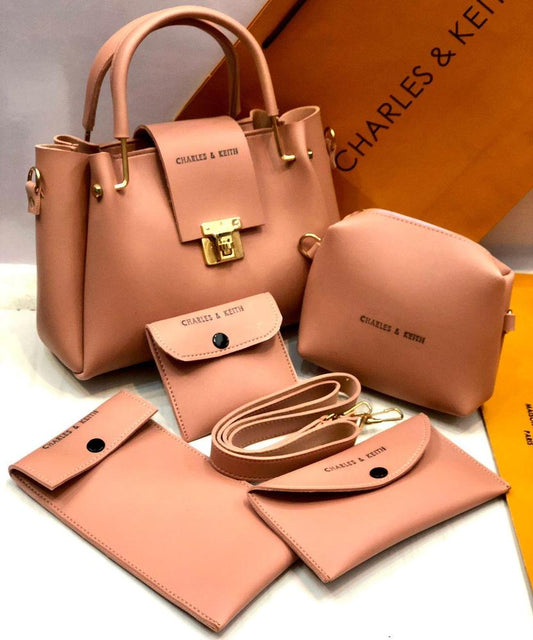 5 Pcs Women's PU Leather Plain Hand Bag